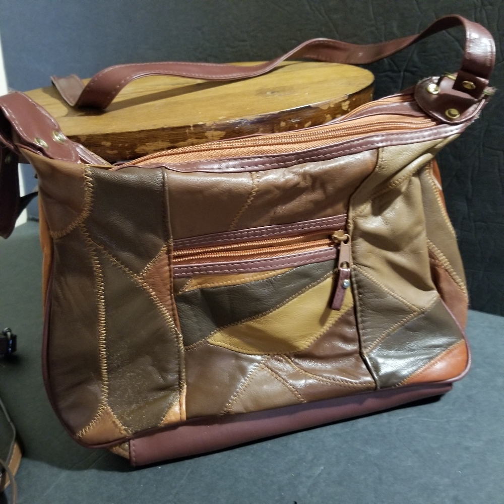 Patchwork Leather 70s Style Purse Brown Rust Multicolored Shoulder Bag Purse.